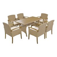 Outdoor Patio 7-Piece Dining Table Set All Weather PE Rattan Dining Set with Wood Tabletop and Cushions for 6; White